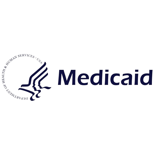 Blue and white Medicaid logo.